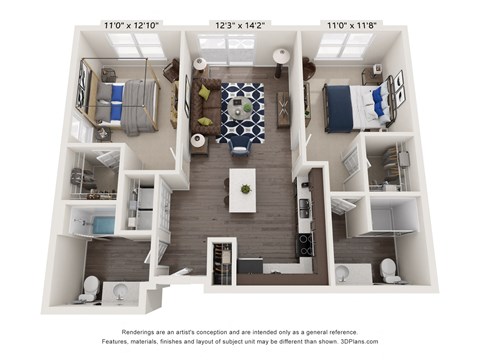 Floor plan for 2 beds, 2 baths, 1025 sqft
